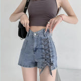 Yipinpay Jeans Shorts For Women's Summer Slim Fit Frenulum Ornament Korean Style High Waist Blue Streetwear Y2k Fashion Denim Shorts