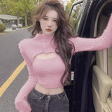 Yipinpay Mink Cashmere Turtleneck Sweater Women Jumper Y2k Clothes Sueters De Mujer Crop Tops Hollow Out Knit Sweaters Pink