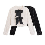 Yipinpay New Women Contrast Color Bow Sequin Jacket Long Sleeve O Neck Female Party Elegant Crop Coat