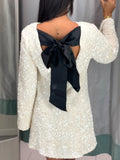 Yipinpay Shining Sequin Mini Dress For Women Long Sleeve Bowknot Chic Short Dresses Female Elegant Holiday Evening Party Looks
