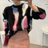 Yipinpay Mujer Jumper Oversized Sweater Thick Winter Pullover Contrast Mohai Y2k Clothes Print Knitting Black Sweaters Coat Tops