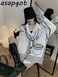 Yipinpay Temperament Loose V Neck Graffiti Cardigan Knitted Jacket Long Autumn Winter Knitted Sweaters Tops Fashion Casual Pull