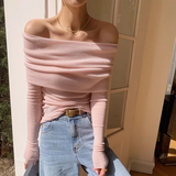 Yipinpay Solid Off Shoulder Elegant Long Sleeve Tops Korean Fashion Slim Sexy Cropped T Shirt Women Autumn Y2k Clothing Skinny Top