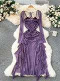 Yipinpay 2024 Summer Mesh Split Sexy Dress Ladies Squre Neck Sheer Long Sleeves Transparent Ruched Slim Long Party Dress