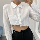 Yipinpay Irregular Cropped Shirt Top Women Sexy Korean Streetwear Blouses Casual Lapel Pocket Patchwork Long Sleeve White Shirt