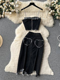 Yipinpay Streetwear Cool Y2K Sexy Denim Suits Women Strap Short Tank Top+ Split Bodycon Skirt Fashion Hotsweet Two Pieces Sets