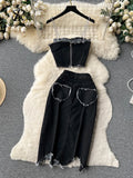 Yipinpay Streetwear Cool Y2K Sexy Denim Suits Women Strap Short Tank Top+ Split Bodycon Skirt Fashion Hotsweet Two Pieces Sets