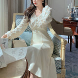 Yipinpay Long White Dress Women French Vintage V-neck Lace Slim Y2K Dress Spring Korean One Piece Casual Evening Party Dress 2023