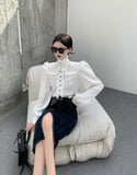 Yipinpay Palace Style White Shirt Women Blusas Mujer 2023 Tops Bow Tie Fungus Shirts Elegant Black Ribbon Letter Half High Neck