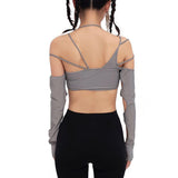 Yipinpay Kpop Irregular Women's T-shirt with Long Sleeves Summer Halter Backless Hollow Out Sexy Solid Crop Top Korean Streetwear