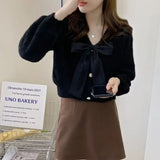 Yipinpay Elegant Cardigan Women Bow Bandage V Neck Autumn Single Breasted Sweet Cropped Sweater Outwear Loose Ladies