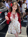 Yipinpay Sweet Fashion 2 Piece Dress Set Woman Red Knitted Short Cardigan + Print Sleeveless Y2k Mini Dress Korean Style Suit