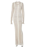 Yipinpay Knitwear Hollow Out Solid Maxi Dress For Women See-Through High Waist Loose Knit Autumn Dress Fashion Elegant Party Dress