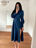 Yipinpay Elegant Evening Dresses Navy Hollow Out Woman Satin Midi Party Dress Spring Lantern Sleeves Sliky Keyhole Dress 2023