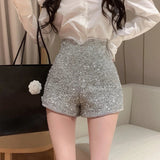 Yipinpay Casual Mini Silver Sequin Skirt High Waist Shorts Feminino Pantalones Cortos De Mujer Y2k Streetwear Sexy
