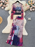 Yipinpay Fashion Streetwear Suits O Neck Transparent Blouse+High Waist Bodycon Skirt Women Senior Vintage Slim Two Piece Sets