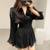 Yipinpay Y2k Black White Glossy Waist Back Bandage Lapel Single Breasted Long-sleeved Pink Shirt Dress Women Mini Pleated Casual