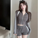 Yipinpay Sports Style Suit Women's Summer Long-sleeved Hooded Zipper Coat High Waist Shorts Casual Two-piece Set Female Clothes