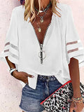 Yipinpay Summer Shirt Sexy Lace Patchwork Flared Sleeve Mesh Solid Blouse Women Zipper V-Neck Loose Casual Tops T-Shirt Streetwear