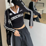 Yipinpay Grunge Y2k Slim T Shirt Women Acubi Fashion Side Stripe Kpop V-Neck Long Sleeve Crop Top Vintage Korean Streetwear
