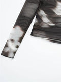 Yipinpay Printed Mesh Tops For Women Tulle Crop Top Long Sleeve See-Through Blouse Female High Neck Fashion Woman Blouses 2023