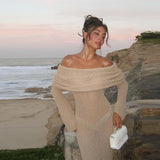 Yipinpay Sexy Off Shoulder Slim Dresses Women Long Flare Sleeve Hip Package Midi Dress 2024 Spring New Female Beach Robes