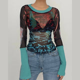 Yipinpay Women's Summer Y2K Vintage Sheer See-through Slim Tops Long Sleeve Round Neck Pattern Print Mesh Patchwork T-shirt