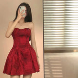 Yipinpay Hot Girl Red Strapless Printed Dress for Women's Summer Slim Fit Sexy Floral A-line Short Dress Fashion Female Clothes