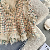 Yipinpay Tweed Vest Slim Crop Tops Autumn Colete Feminino V Neck Knitted Plaid Vest Sweater French Waistcoat Ruffled Blouse