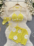 Yipinpay Korean Hollow Out Knitted Suits Women Halter Lace Up Bow Backless Tank Top+Drawstring Split Mini Skirt Two Pieces Sets