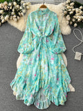Yipinpay France Retro Loose Dress Floral Long Lantern Sleeves Beading Irregular Ruffles Elastic Lace Up Women Vintage Dress