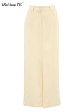 Yipinpay Elegant High Waist Long Split Skirts Street Chic Apricot Mid-Calf Skirts Female Office Cotton Skirts Casual Straight