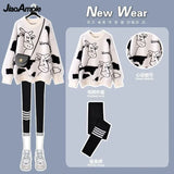 Yipinpay Women's 2024 Autumn Winter New Loose Sweater High Waist Slim Fit Shark Pants Two Piece Korean Elegant Tracksuit Matching Set