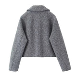 Yipinpay Vintage Women Gray Cropped Woolen Jacket Long Sleeve Pockets Female Autumn Winter Short Coat