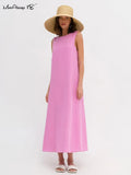 Yipinpay Summer Cotton Linen Tank Dresses Women Lace-Up Backless Long Casual Dress Round Neck 2023 Sleeveless Office Ladies