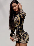 Yipinpay Retro Pattern Printed Bodysuit Women O Neck Tight Long Sleeves Sex For Woman Body Street Trend Temperament Tops Femme