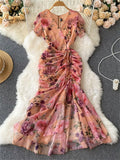 Yipinpay French Retro Long Dress Short Ruffles Sleeves V Neck Floral Print Drawstring Split Zipper Women Slim Bodycon Dress