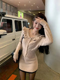 Yipinpay Girl Suit Women's Peter Pan Collar Long-sleeved Knitted Top Wrapped Hip Mini Skirt Two-piece Set Fashion Female Clothes