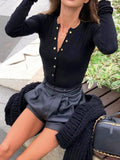Yipinpay MO Sexy V Neck Knitted Bodysuit Women Black Long Sleeve Buttons Rompers Womens Jumpsuit 2023 Casual One-pieces Bodysuits