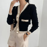 Yipinpay Neck Knitted Cropped Cardigan Contrast Single Breasted Striped Sweater Korean Fashion Cardigan Mujer Coat Feminino Sueter