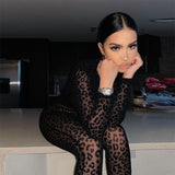 Yipinpay Instinct Mesh Bodystocking Leopard See Through Velour Long Sleeve Rompers Womens Jumpsuit Sexy Midnight Clubwear