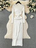 Yipinpay Streetwear Knit Split Dress O Neck Long Sleeves Slim Fit France Elegent Ladies Autumn Evening Party Bodycon Long Dress