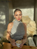 Yipinpay Diamond Turtleneck Vest Women's Grey Sleeveless Pullover Sweater Vest 2024 Spring Fashion Ladies Crop Tops Streetwear