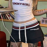 Yipinpay Vintage Y2k Mini Skirt Women Harajuku Sexy Gyaru Low Rise Drawstring Patchwork Sporty Micro Skirt Cute Egirl Streetwear