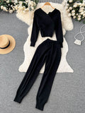 Yipinpay Winter Casual Knitted Two Pieces Suits V Neck Long Sleeve Sweater+ Elastic Casual Long Pants Sets Women Sweater Sets