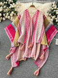 Yipinpay Bohemian Loose Cardigan Bat Cloak Tassel Design Print Fashion Knitted 2024 Autumn Retro Tour Irregular Oversize Coat