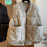 Yipinpay New Cotton Padded Zip Warm Jacket Winter Puffer Vest Pocket Women's Quilted Vest Stand Collar Overcoat Top Black Parkas