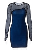 yipinpay Long Sleeve Dress Women Bodycon Mini Dress Double Layers Patchwork Short Dress Autumn Club Outfits Streetwear Sheer Dress