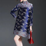 Yipinpay Women Dress Retro Pleated Dress 2024 Autumn New High Neck Print Middle-aged Mother Loose  MM Women's Clothing