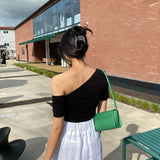 Yipinpay Slim Slash Irregular Off Shoulder Diagonal Black Short Sleeve T-shirts Women Summer Tees Crop Tops Casual Tshirt